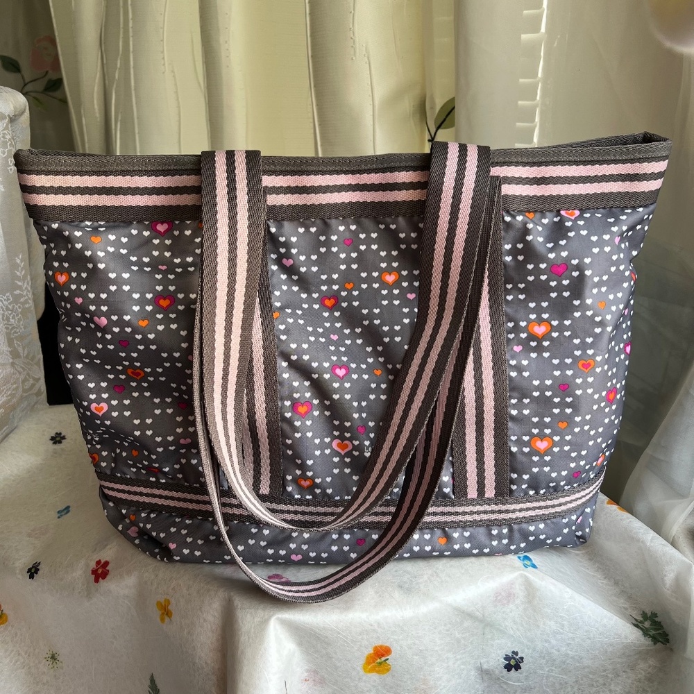 🌸 LeSportsac Shoulder Large Bag Gray Pink Tote Purse
